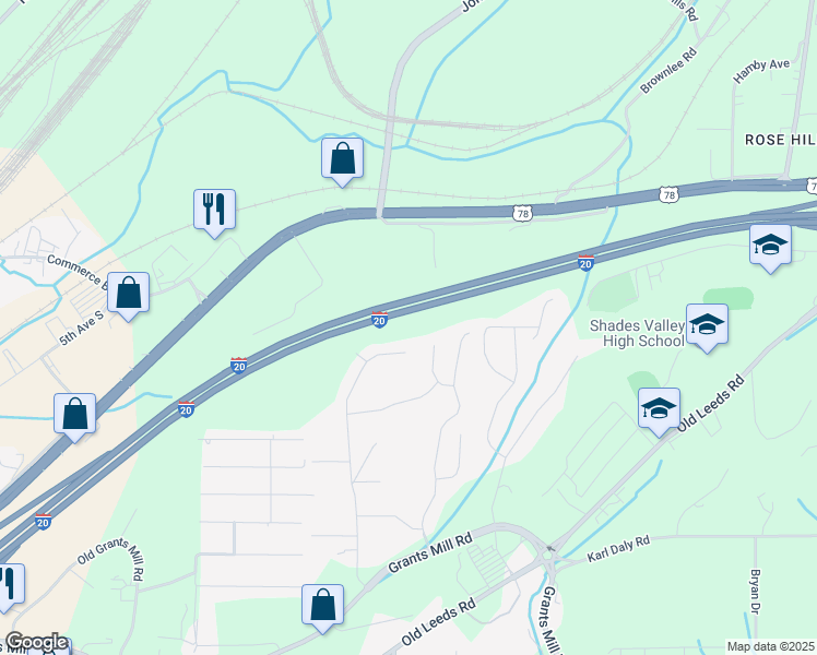 map of restaurants, bars, coffee shops, grocery stores, and more near Interstate 20 in Irondale