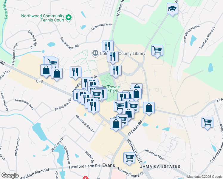 map of restaurants, bars, coffee shops, grocery stores, and more near 7016 Evans Town Center Boulevard in Evans