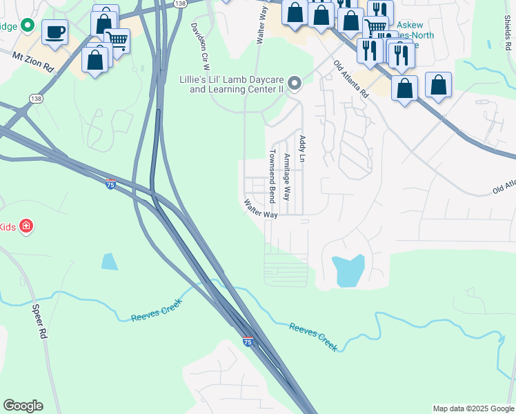 map of restaurants, bars, coffee shops, grocery stores, and more near 2545 Walter Way in Stockbridge