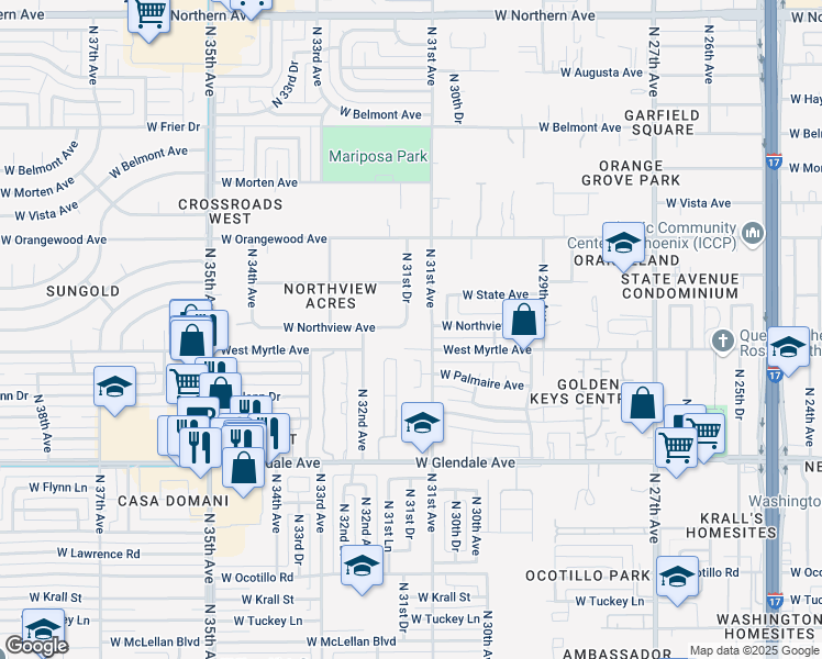 map of restaurants, bars, coffee shops, grocery stores, and more near 7205 North 31st Drive in Phoenix