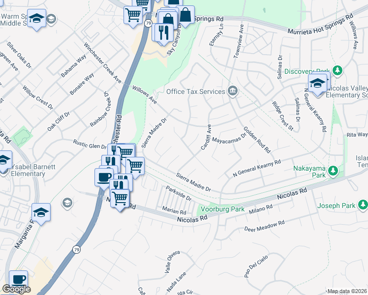 map of restaurants, bars, coffee shops, grocery stores, and more near 39264 Sierra La Vida in Murrieta