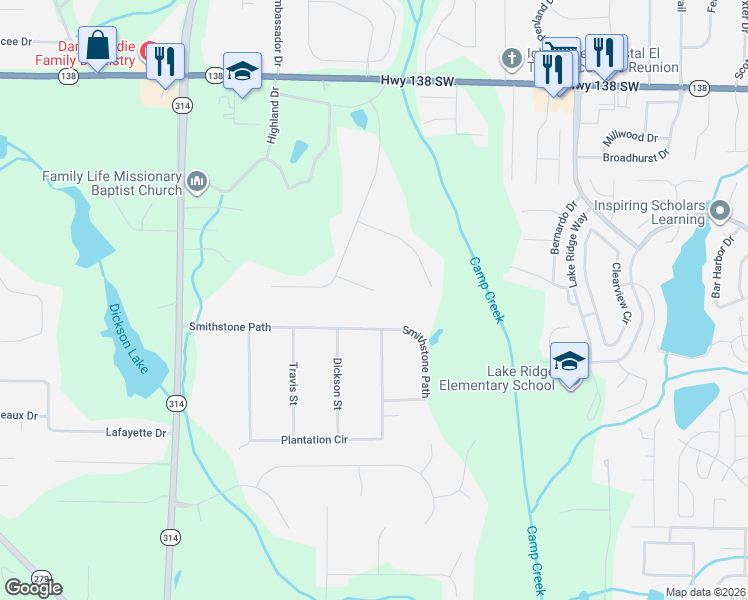 map of restaurants, bars, coffee shops, grocery stores, and more near 535 Lullaby Court in Fayetteville