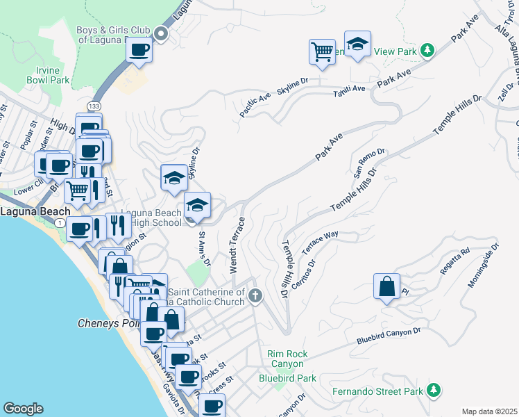 map of restaurants, bars, coffee shops, grocery stores, and more near 528 Temple Hills Drive in Laguna Beach