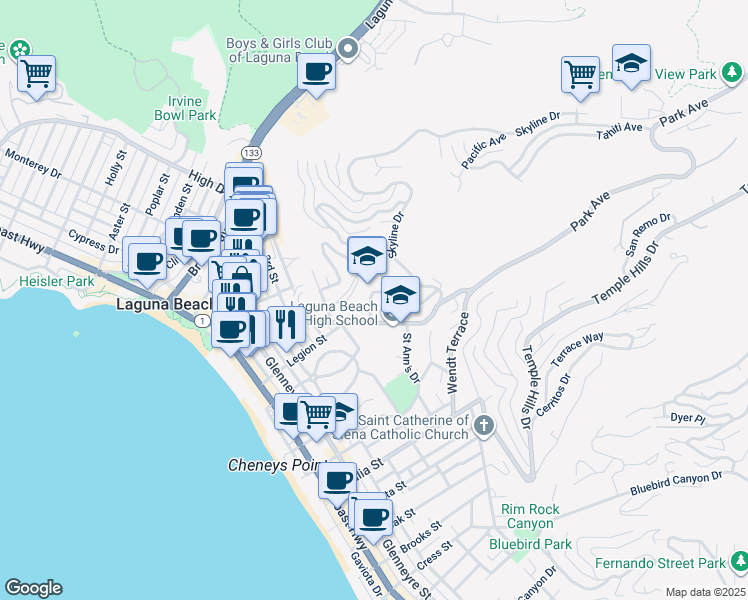 map of restaurants, bars, coffee shops, grocery stores, and more near 753 Manzanita Drive in Laguna Beach