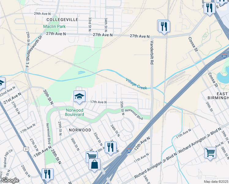 map of restaurants, bars, coffee shops, grocery stores, and more near 1730 34th Place North in Birmingham