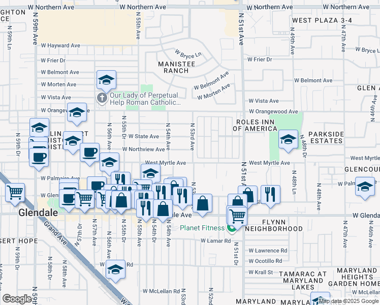 map of restaurants, bars, coffee shops, grocery stores, and more near 5301 West Northview Avenue in Glendale