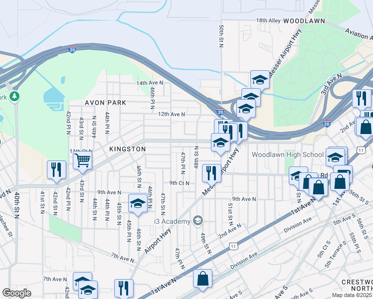 map of restaurants, bars, coffee shops, grocery stores, and more near 4729 9th Terrace North in Birmingham