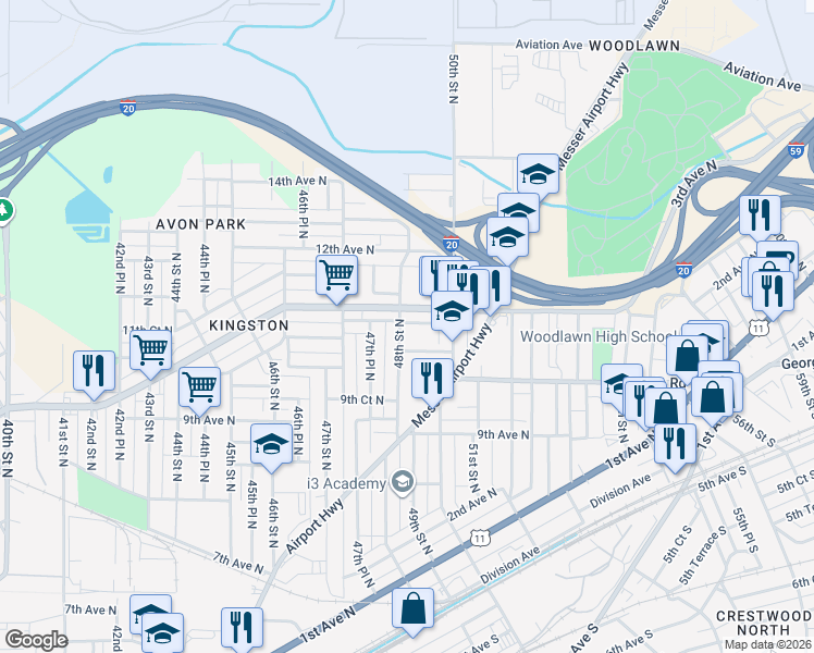 map of restaurants, bars, coffee shops, grocery stores, and more near 4808 9th Terrace North in Birmingham