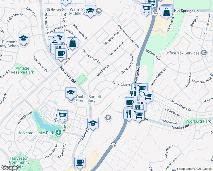 map of restaurants, bars, coffee shops, grocery stores, and more near 39705 Creative Drive in Temecula