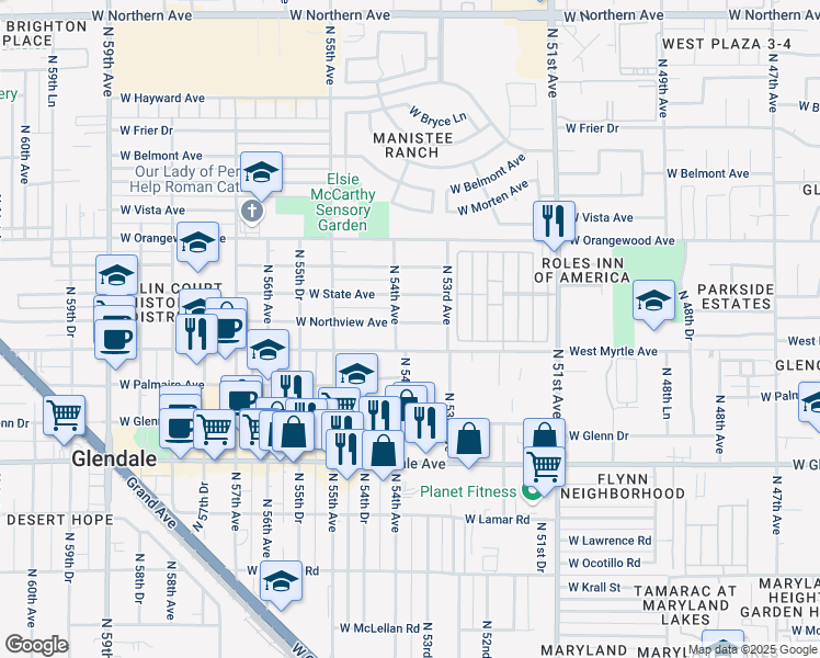 map of restaurants, bars, coffee shops, grocery stores, and more near 5333 West Northview Avenue in Glendale