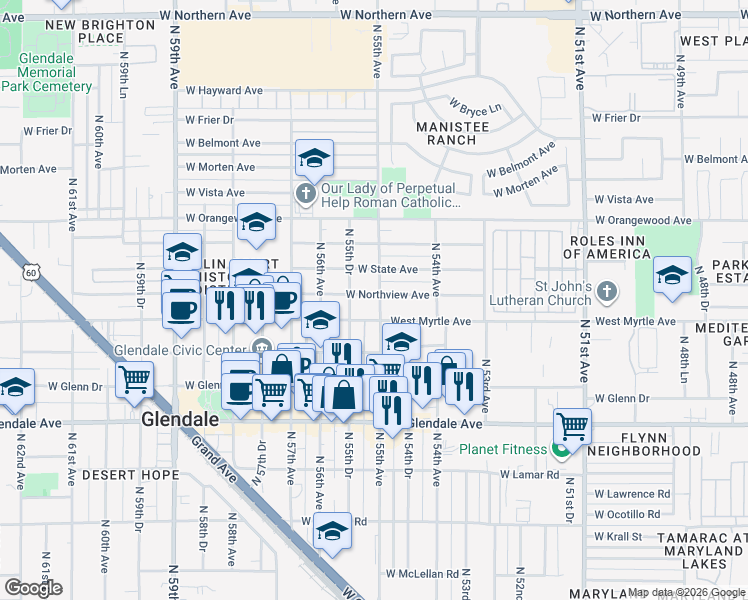 map of restaurants, bars, coffee shops, grocery stores, and more near 7220 North 55th Avenue in Glendale