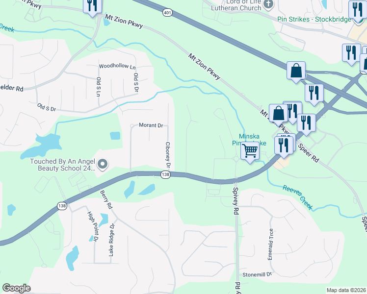 map of restaurants, bars, coffee shops, grocery stores, and more near 7719 Glen Devon Road in Jonesboro