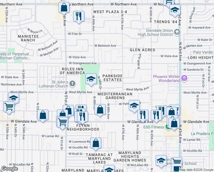 map of restaurants, bars, coffee shops, grocery stores, and more near 4802 West Nicolet Avenue in Glendale