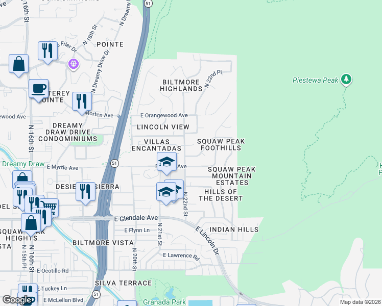 map of restaurants, bars, coffee shops, grocery stores, and more near 2220 East Nicolet Avenue in Phoenix
