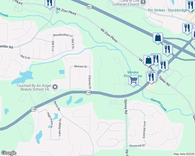 map of restaurants, bars, coffee shops, grocery stores, and more near 7719 Glen Devon Road in Jonesboro
