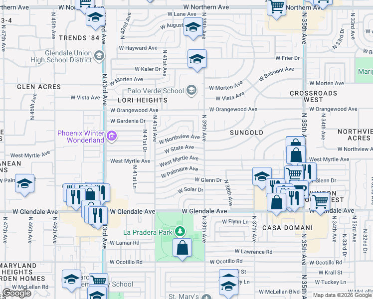 map of restaurants, bars, coffee shops, grocery stores, and more near 3935 West State Avenue in Phoenix