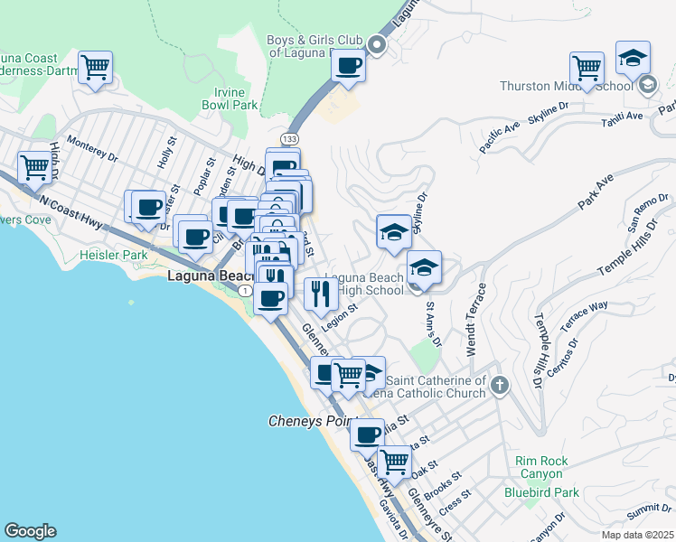 map of restaurants, bars, coffee shops, grocery stores, and more near 438 Bent Street in Laguna Beach