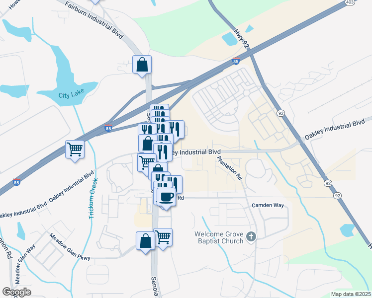 map of restaurants, bars, coffee shops, grocery stores, and more near 5617 Oakley Industrial Boulevard in Fairburn