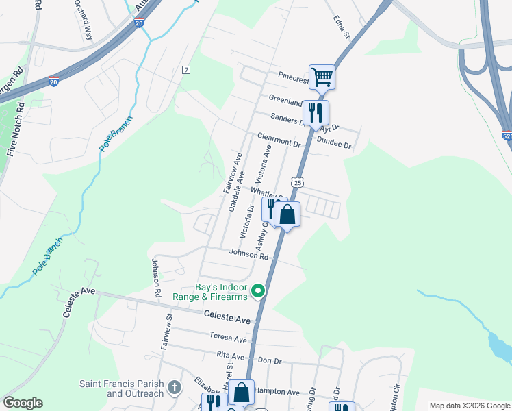 map of restaurants, bars, coffee shops, grocery stores, and more near 617 Victoria Drive in North Augusta