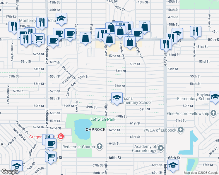 map of restaurants, bars, coffee shops, grocery stores, and more near 2823 56th Street in Lubbock
