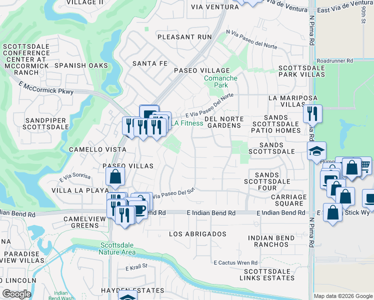 map of restaurants, bars, coffee shops, grocery stores, and more near 7350 North Vía Paseo Del Sur in Scottsdale
