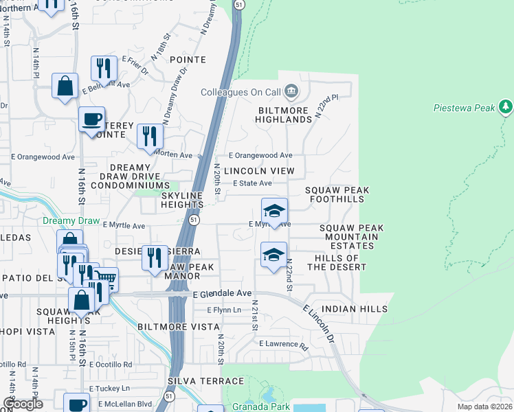 map of restaurants, bars, coffee shops, grocery stores, and more near 7226 North 21st Street in Phoenix