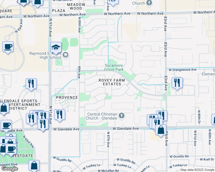 map of restaurants, bars, coffee shops, grocery stores, and more near 7317 North 87th Drive in Glendale
