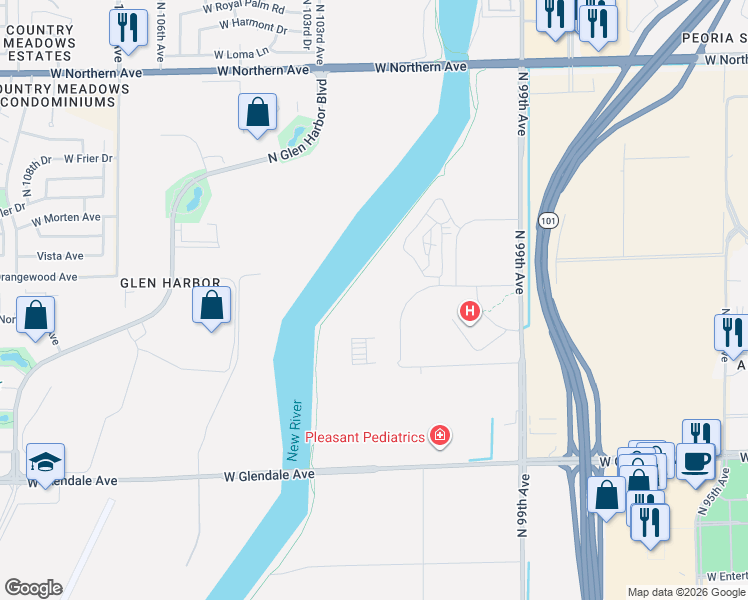 map of restaurants, bars, coffee shops, grocery stores, and more near 7300 North 99th Avenue in Glendale