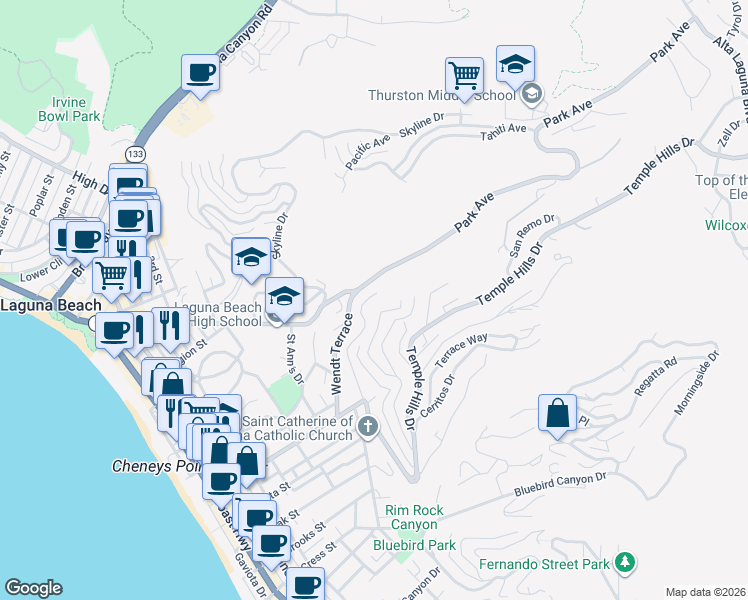 map of restaurants, bars, coffee shops, grocery stores, and more near 528 Temple Hills Drive in Laguna Beach
