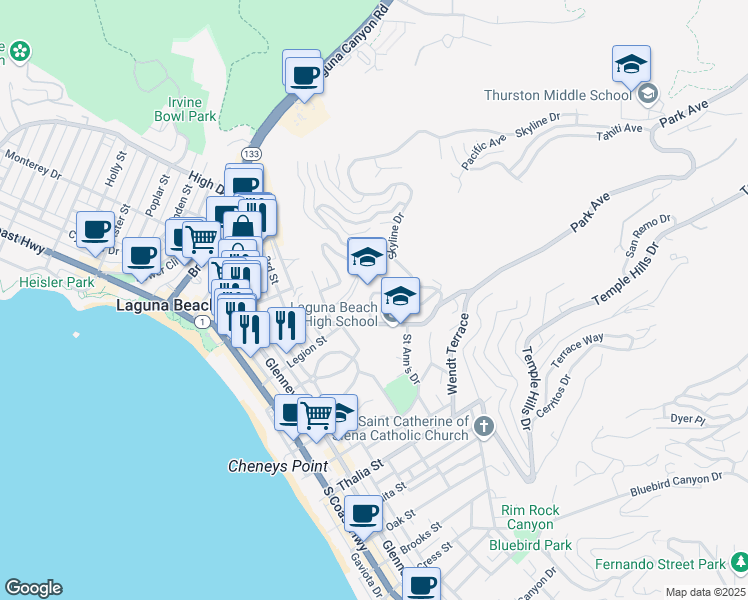 map of restaurants, bars, coffee shops, grocery stores, and more near 750 Manzanita Drive in Laguna Beach