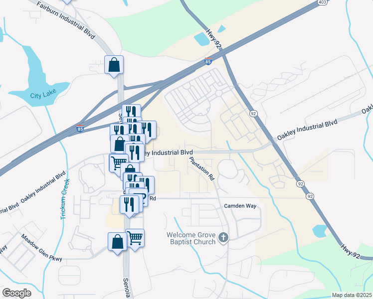 map of restaurants, bars, coffee shops, grocery stores, and more near 6810 Oakley Industrial Boulevard in Fairburn