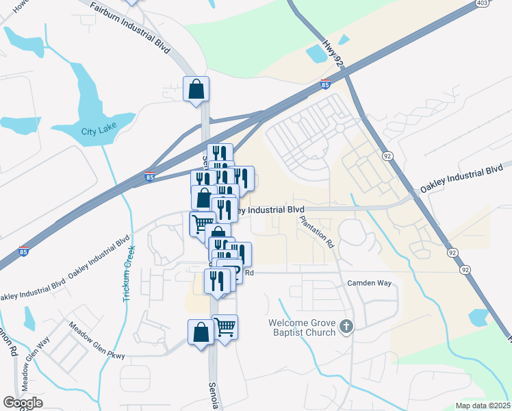 map of restaurants, bars, coffee shops, grocery stores, and more near 5500 Oakley Industrial Boulevard in Fairburn