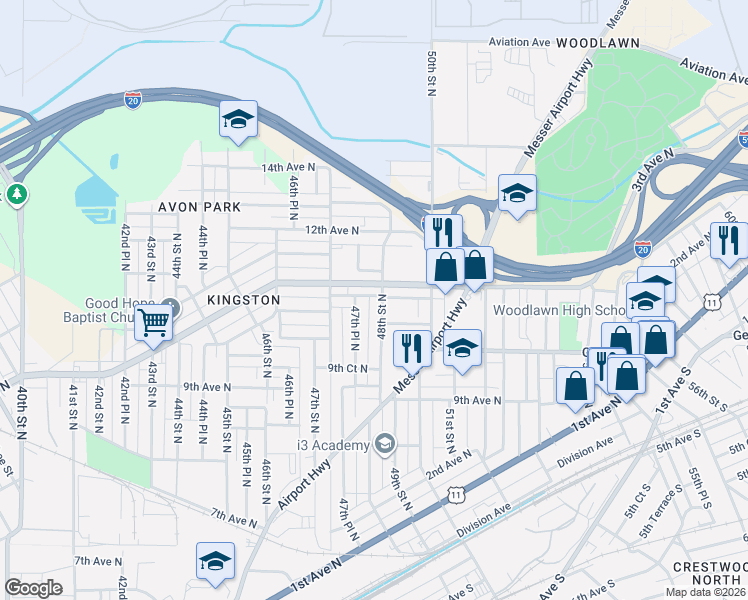 map of restaurants, bars, coffee shops, grocery stores, and more near 4729 9th Terrace North in Birmingham