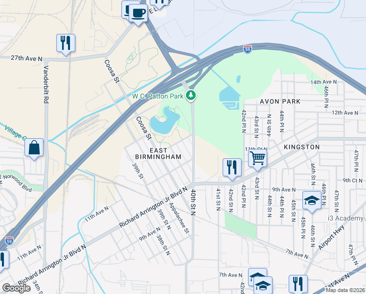 map of restaurants, bars, coffee shops, grocery stores, and more near 1127 Escambia Street in Birmingham