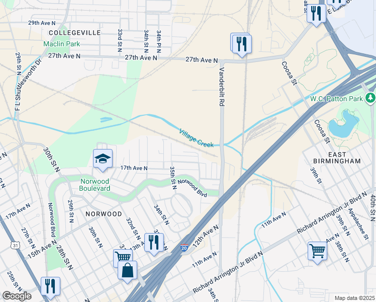 map of restaurants, bars, coffee shops, grocery stores, and more near 1712 36th Street North in Birmingham