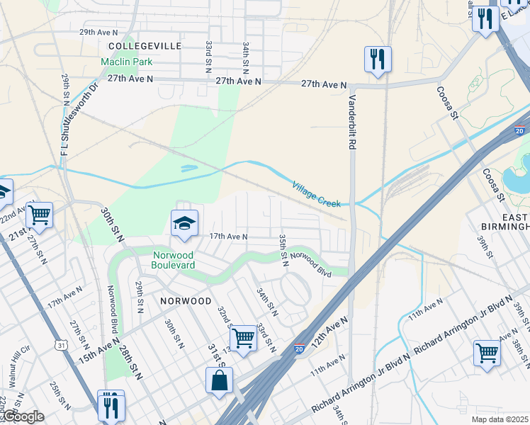 map of restaurants, bars, coffee shops, grocery stores, and more near 1730 34th Place North in Birmingham