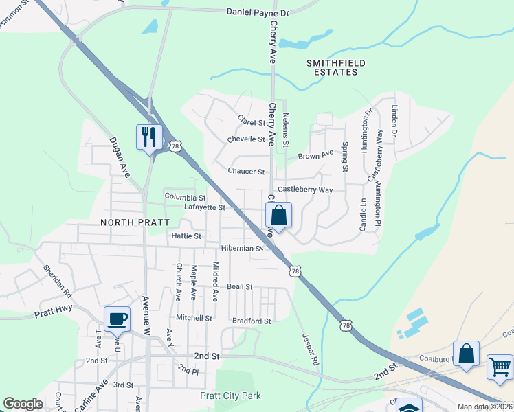map of restaurants, bars, coffee shops, grocery stores, and more near 1504 Lafayette Street in Birmingham