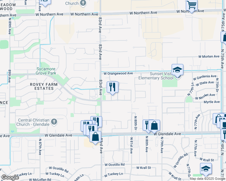 map of restaurants, bars, coffee shops, grocery stores, and more near 7339 North 82nd Drive in Glendale