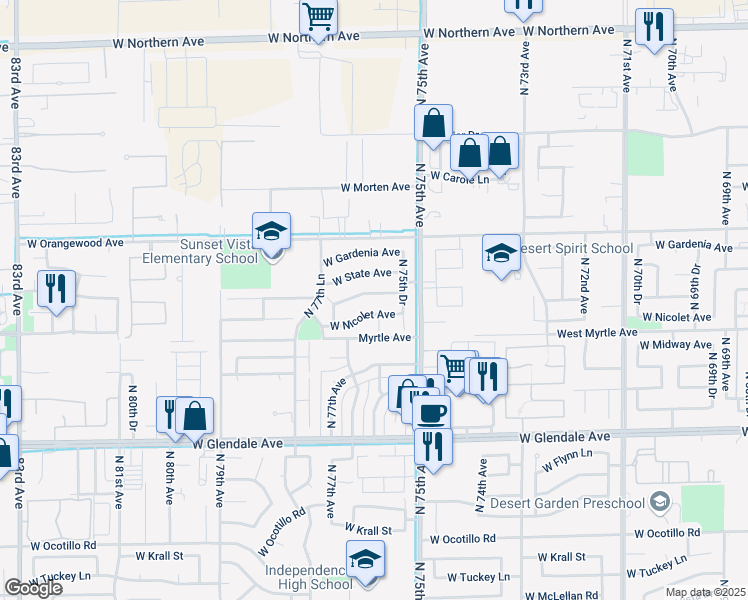 map of restaurants, bars, coffee shops, grocery stores, and more near 7583 West Northview Avenue in Glendale