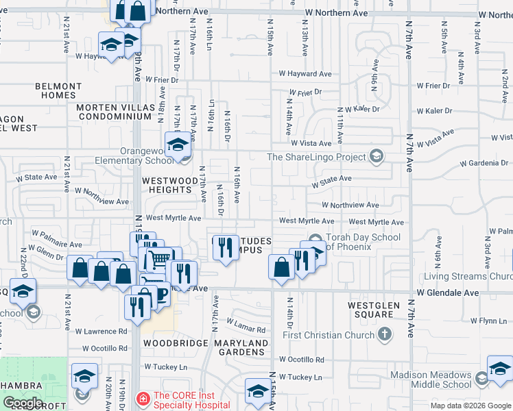 map of restaurants, bars, coffee shops, grocery stores, and more near 7206 North 15th Avenue in Phoenix