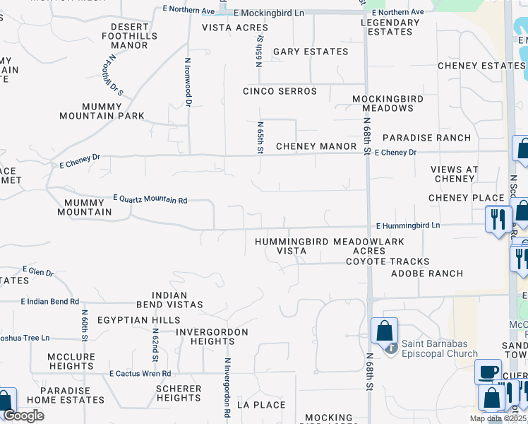 map of restaurants, bars, coffee shops, grocery stores, and more near 6512 East Hummingbird Lane in Paradise Valley