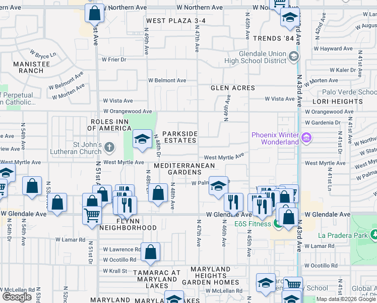 map of restaurants, bars, coffee shops, grocery stores, and more near 4718 West Nicolet Avenue in Glendale