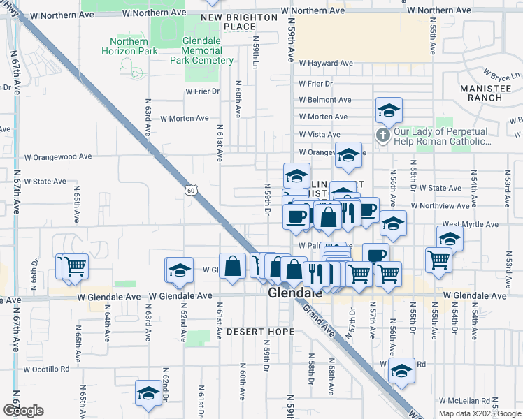 map of restaurants, bars, coffee shops, grocery stores, and more near 5941 West Northview Avenue in Glendale