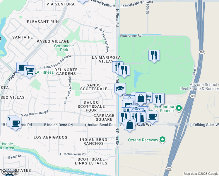 map of restaurants, bars, coffee shops, grocery stores, and more near 8744 East Vía De Dorado in Scottsdale
