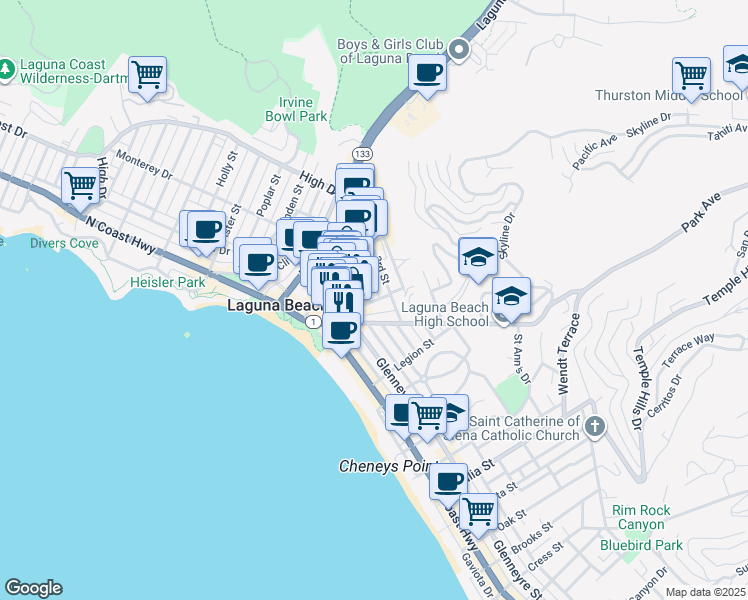 map of restaurants, bars, coffee shops, grocery stores, and more near 400 Mermaid Street in Laguna Beach