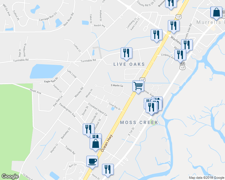 map of restaurants, bars, coffee shops, grocery stores, and more near 517 Clubhouse Lane in Murrells Inlet