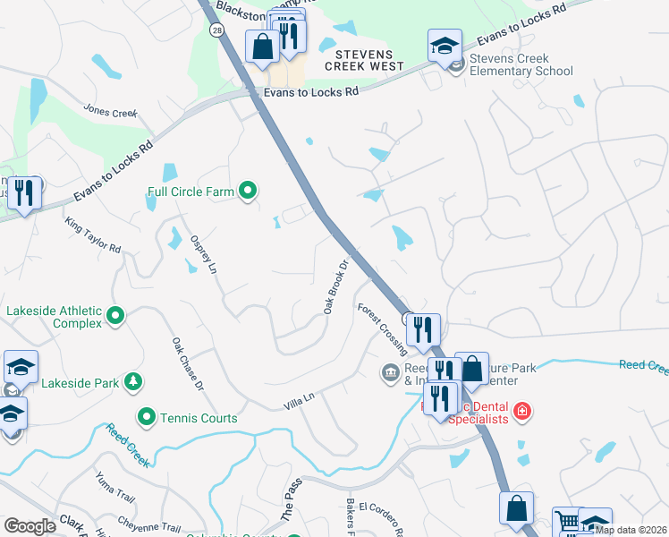 map of restaurants, bars, coffee shops, grocery stores, and more near 592 Oak Brook Drive in Martinez