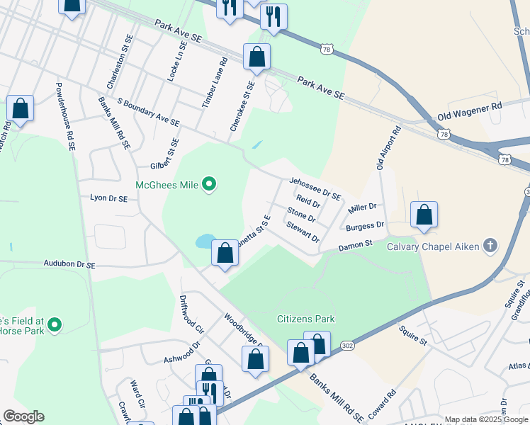 map of restaurants, bars, coffee shops, grocery stores, and more near 491 Monetta Street South East in Aiken