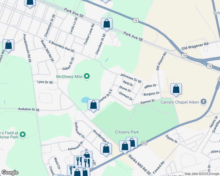 map of restaurants, bars, coffee shops, grocery stores, and more near 491 Monetta Street South East in Aiken