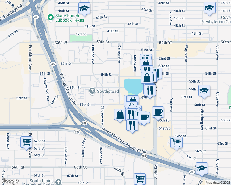 map of restaurants, bars, coffee shops, grocery stores, and more near 21-28 56th Street in Lubbock